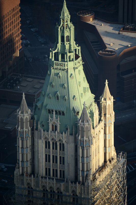 25 Woolworth Building Pyramidal Green Cap Close Up From One World Trade Center Observatory Late Afternoon